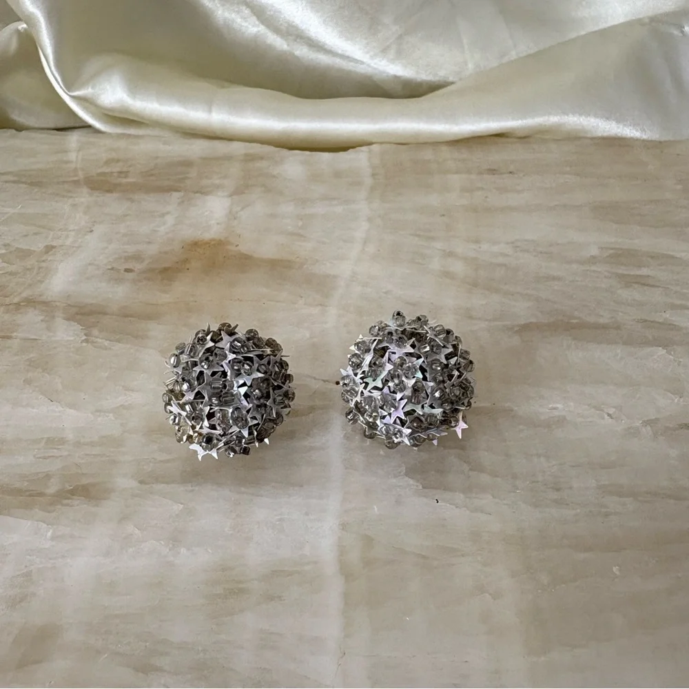 Vintage screw back earrings silver iridescent stars beading celestial